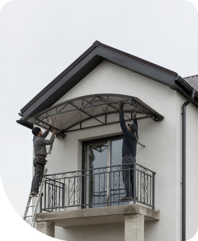 Козырек на балкон в Шарыпове — изготовление, монтаж под ключ